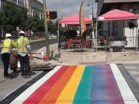Main Strip Rainbow Crosswalk Installation Underway Ahead of Pride Celebrations
