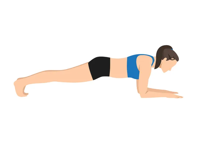Woman doing Forearm plank exercise. Flat vector illustration isolated on white background
