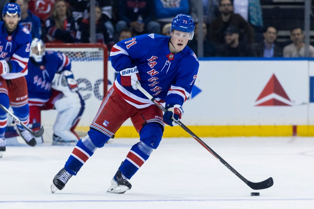 Juuso Parssinen (71) skates with the puck in the third period against the New Jersey Devils at Madison Square Garden, Thursday, Oct. 2, 2025.