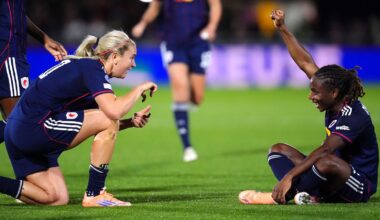 Lyon's Melchie Dumornay (right) celebrates scoring their side's second goal of the game