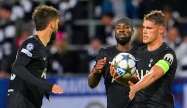 Tottenham Hotspur's Micky van de Ven, right, celebrates scoring with teammates during the Champions League game against Bodo/Glimt