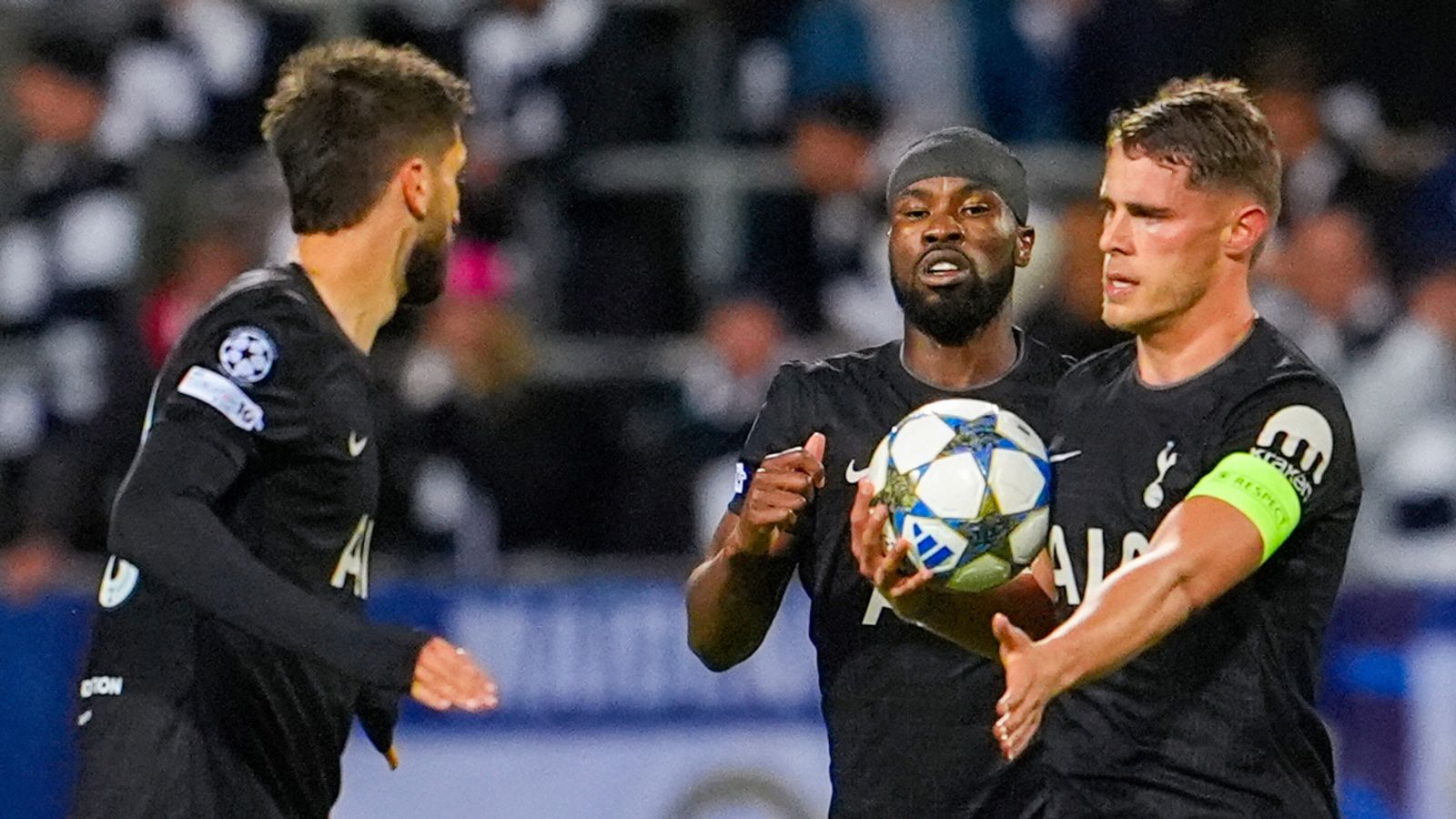 Tottenham Hotspur's Micky van de Ven, right, celebrates scoring with teammates during the Champions League game against Bodo/Glimt