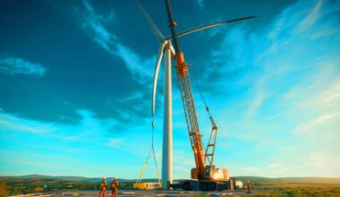 Illustration of a wind turbine with 100-foot diameter and 14.5-meter blades being lifted for assembly on crane day.