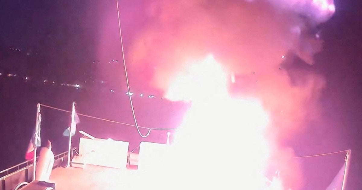 A screengrab from handout CCTV footage shows a fire that struck the Alma, a vessel of the Global Sumud Flotilla, in the waters off the coast of Tunisia, Sept. 9, 2025.