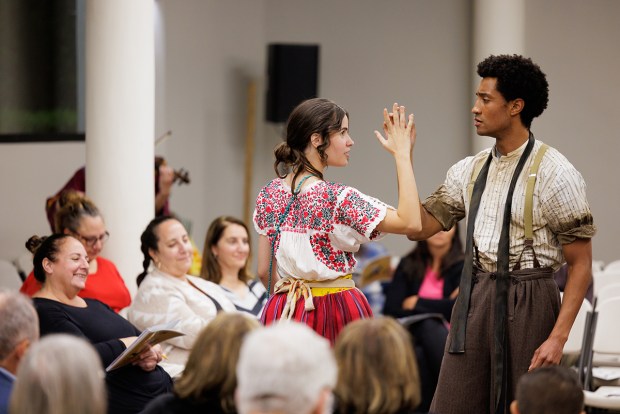 Actors Luana Fontes, left, and Vandous Stripling II perform "As You Like It" at a San Diego community center for The Old Globe's 2024 Globe for All tour. (Rich Soublet II)