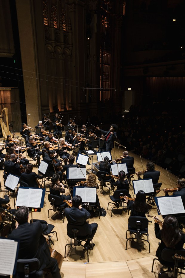 San Diego Symphony Music Director Rafael Payare leads the orchestra at Jacobs Music Center on Feb. 8, 2025. (Sam Zauscher)