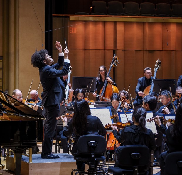 San Diego Symphony Music Director Rafael Payare leads the orchestra in concert at Jacobs Music Center on Oct. 19, 2024. (Gary Payne)