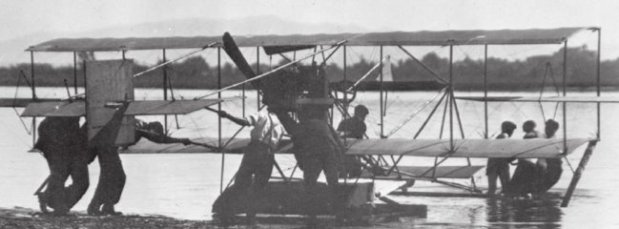 The Curtiss hydroaeroplane is guided into San Diego Bay on Jan. 26, 1911. (U.S. Navy)