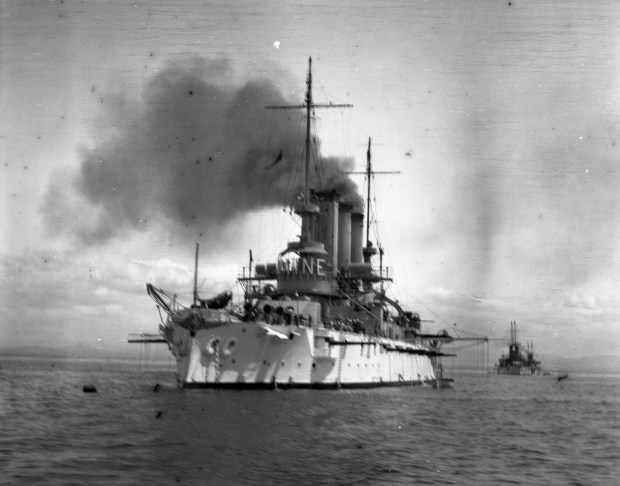 Battleship Maine of the Great White Fleet visiting San Diego in 1908. (San Diego History Center)