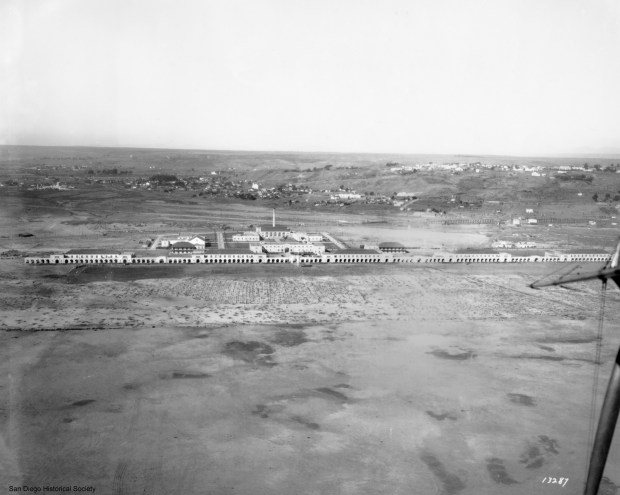 Aerial view of Marine Corps Base, San Diego, in the early 1920s, later renamed Marine Corps Recruit Depot. (San Diego History Center)