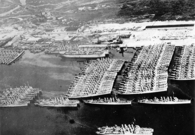Aerial view of destroyers lined up at the U.S. Navy Destroyer Base at the foot of 32nd Street near San Diego Bay in 1928. (San Diego History Center)