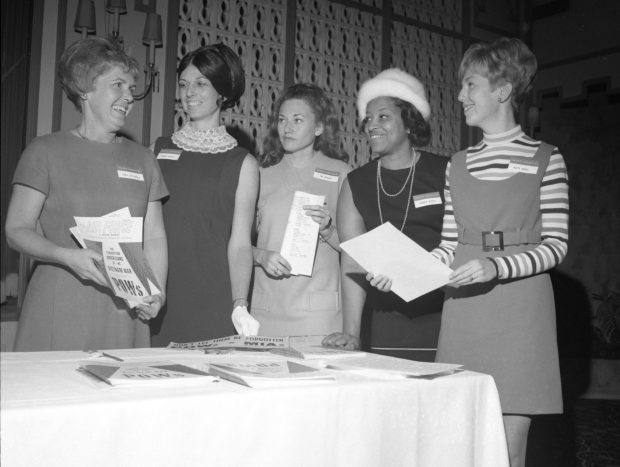 Sybil Stockdale, founder of the National League of POW Families, along with other POW wives, Mrs. Steven Hanson, Mrs. Arthur Mearns, Mrs. Roosevelt Hestle and Mrs. John Hardy, hold a news conference at a meeting of the Navy League on Feb. 27, 1970. (San Diego Union Tribune / San Diego History Center)