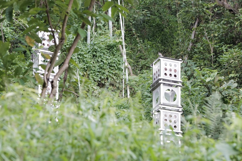 industrial modules and organic soil build architectural installation that grows with the forest
