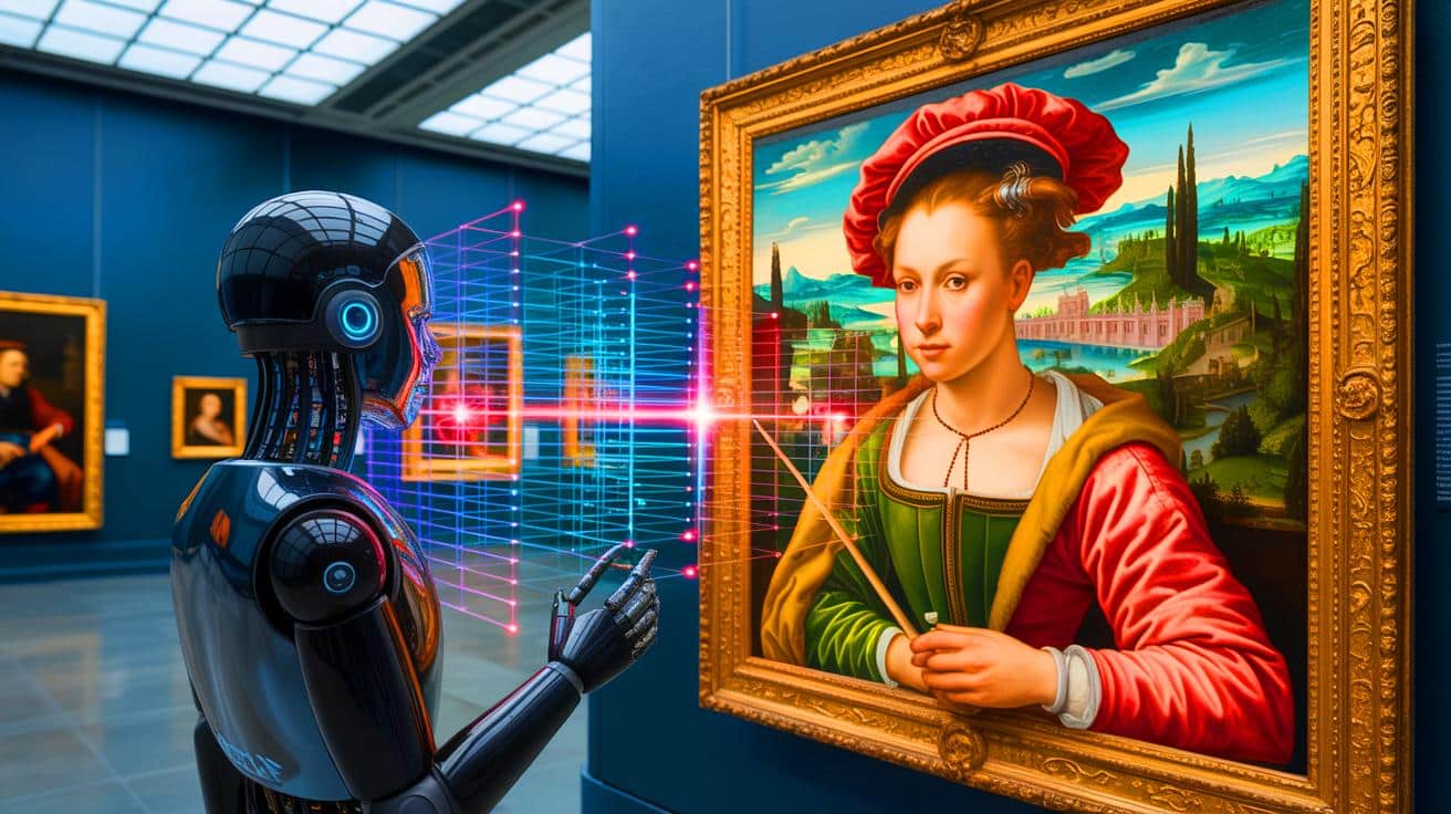 Illustration of AI Analysis Uncovering Details in Raphael's Madonna della Rosa Painting.