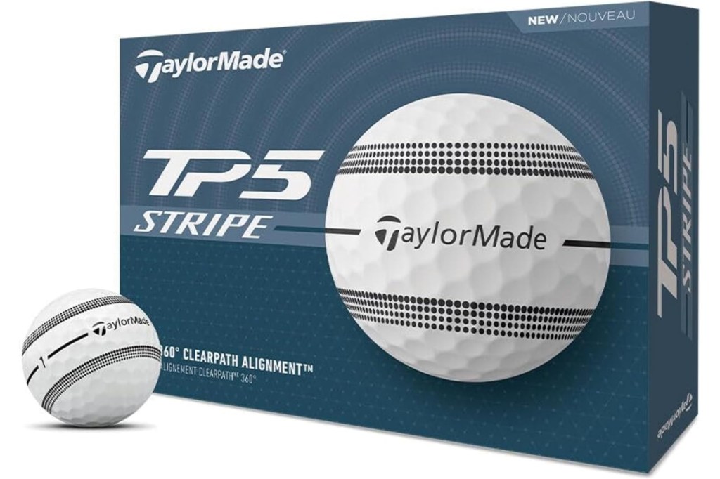 TaylorMade TP5 Stripe golf balls in packaging.