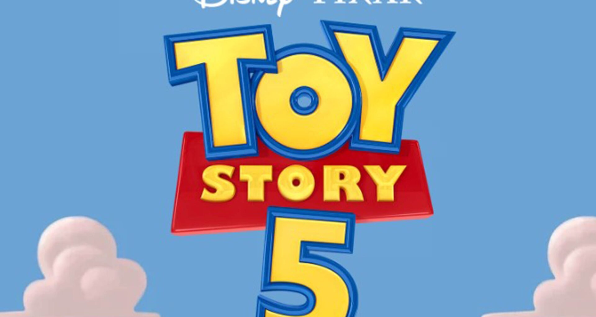 Toy Story 5 logo with Disney and Pixar text on a blue sky, Woody and Buzz Lightyear pose like Toy Story characters at Disney parks.
