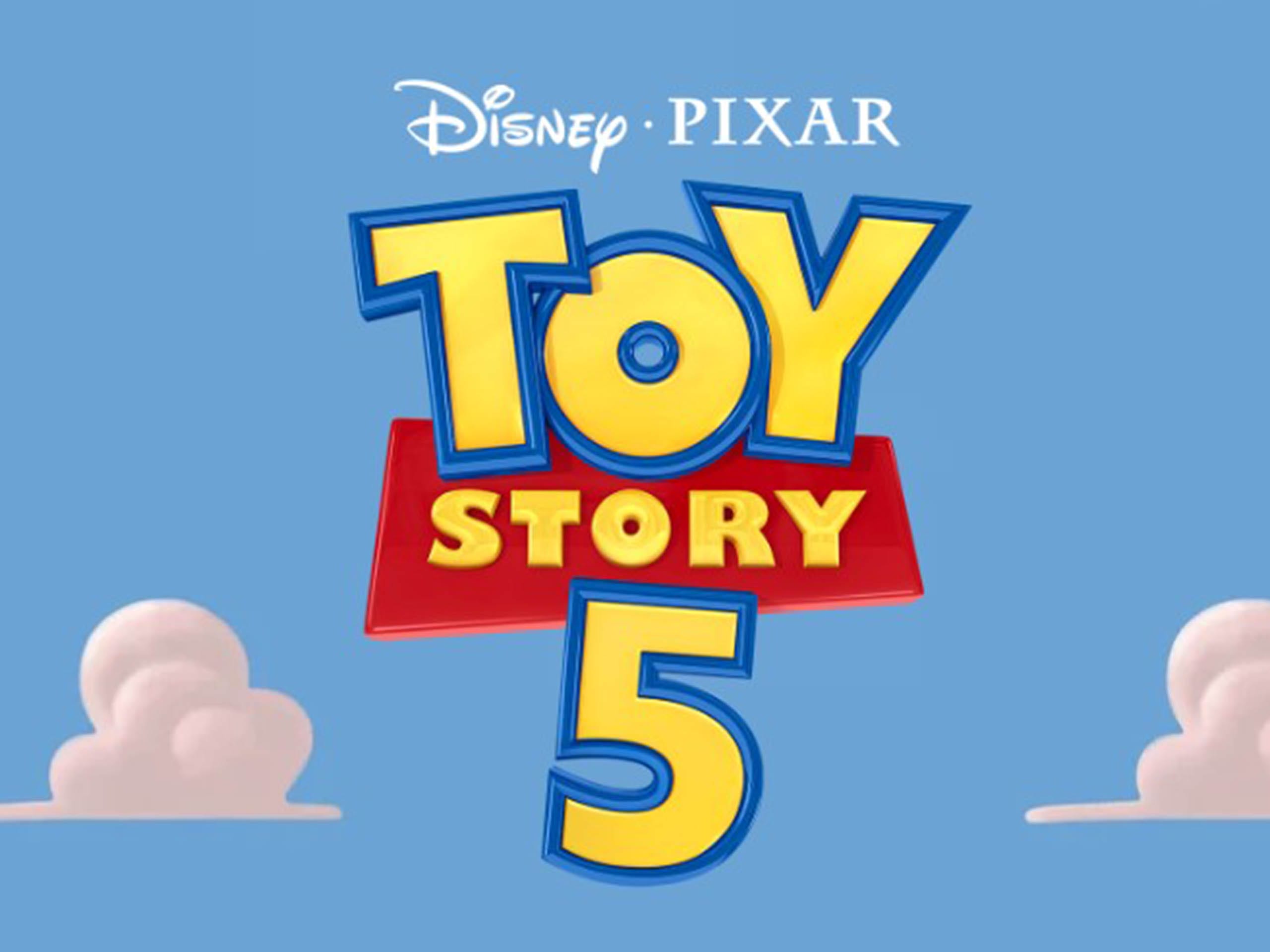 Toy Story 5 logo with Disney and Pixar text on a blue sky, Woody and Buzz Lightyear pose like Toy Story characters at Disney parks.