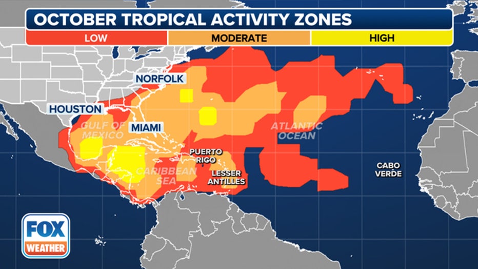 This map shows where tropical cyclone activity tends to occur in October. (FOX Weather)