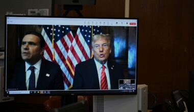 Then-President-elect Donald Trump appears on a video feed for his sentencing for his hush money conviction in a Manhattan courtroom on Friday, Jan. 10, 2025 in New York. (Curtis Means/Pool Photo via AP)