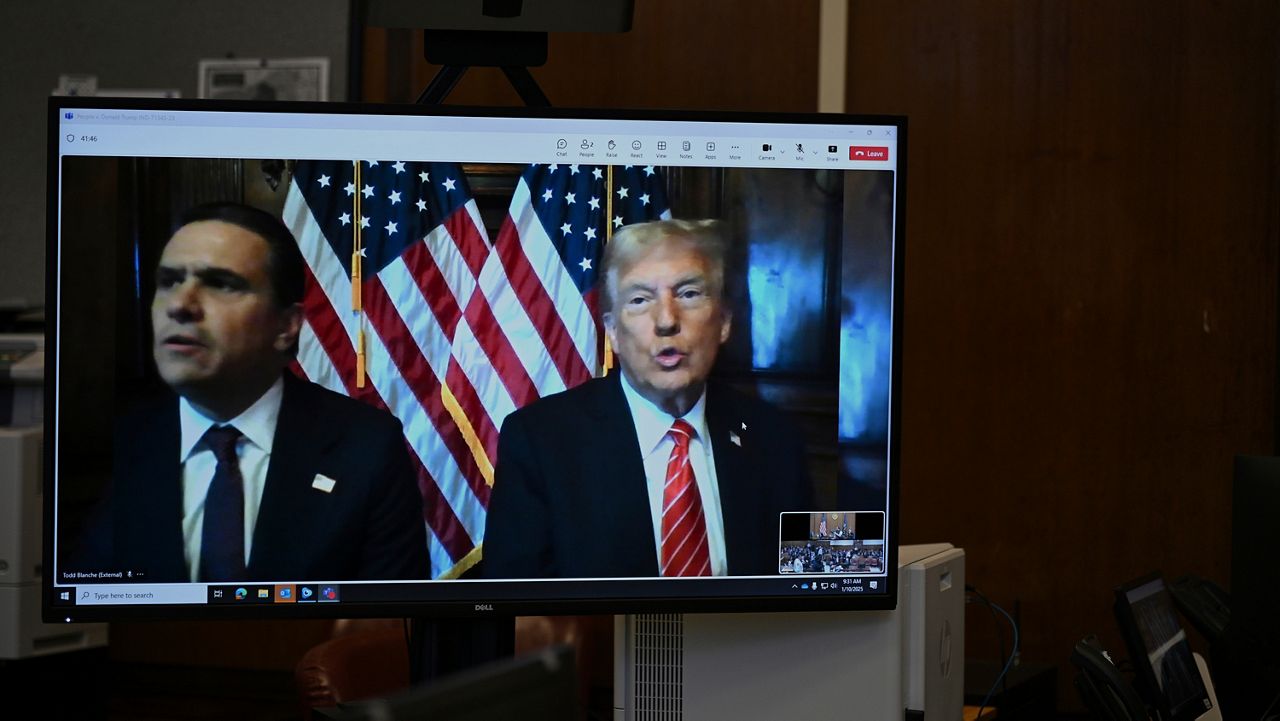 Then-President-elect Donald Trump appears on a video feed for his sentencing for his hush money conviction in a Manhattan courtroom on Friday, Jan. 10, 2025 in New York. (Curtis Means/Pool Photo via AP)
