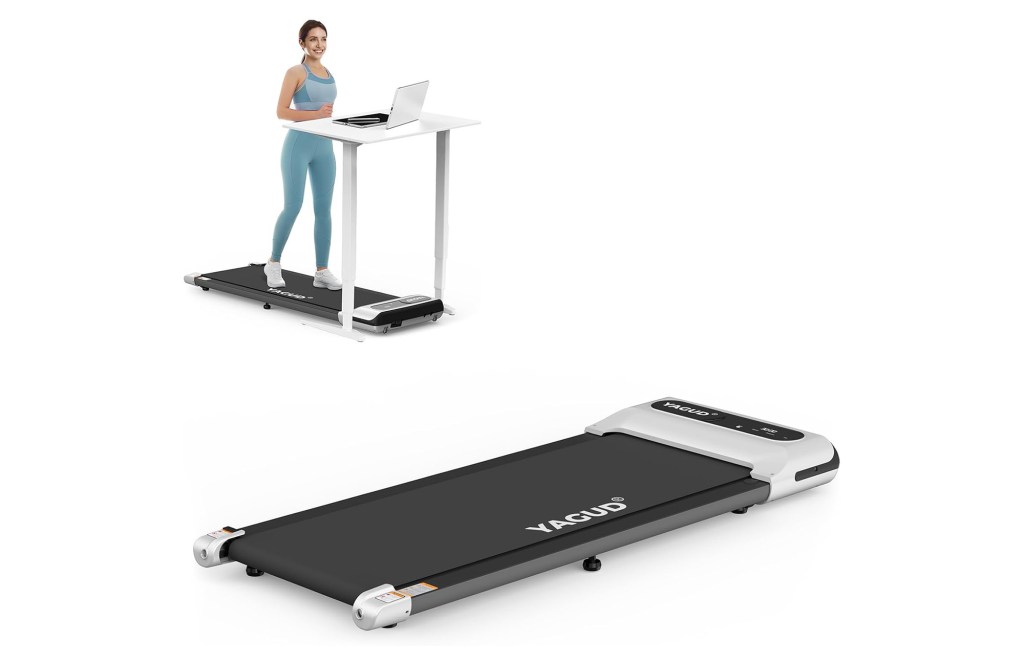 Under-desk treadmill with a woman working on a laptop.