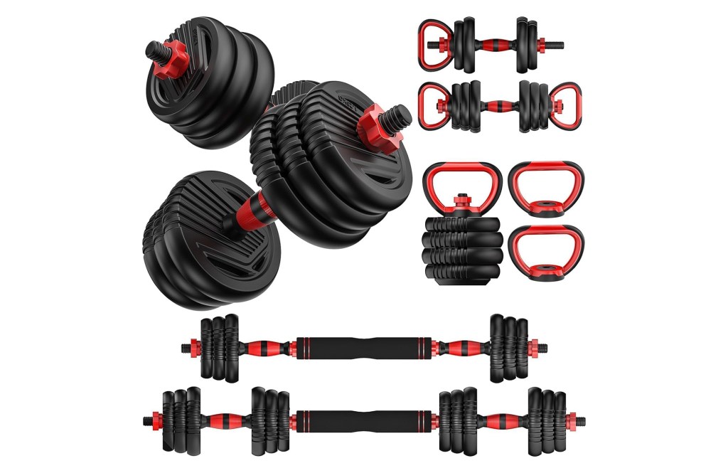 Adjustable Dumbbells, 10/20/30/45/70/90lbs Free Weight Set with Connector, 4 in1 Dumbbells Set Used as Barbell, Kettlebells, Push up Stand, Fitness Exercises for Home Gym Suitable Men/Women