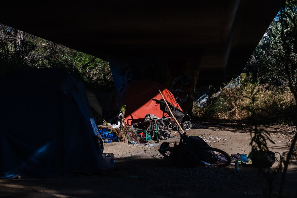 An encampment in Mission Valley's riverbed on Aug. 22, 2023.