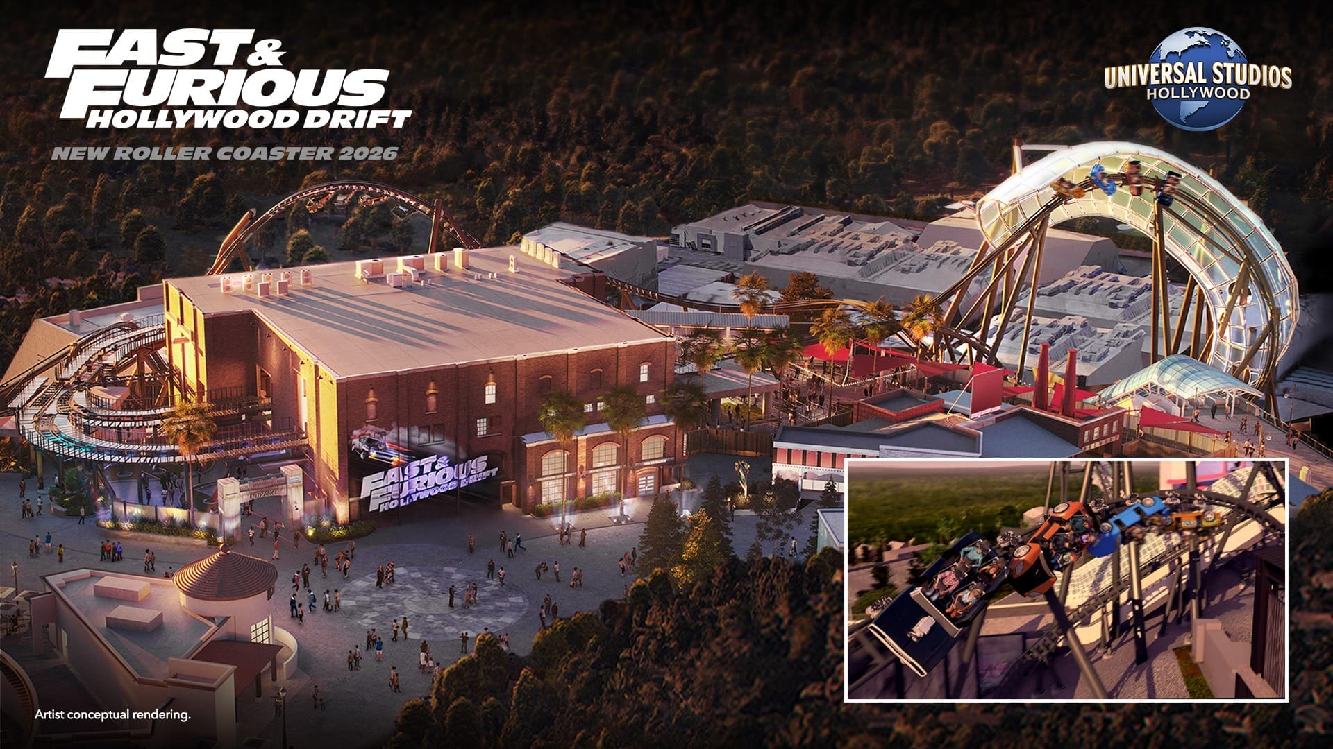 Aerial view of Hollywood Drift coaster at Universal, Fast & Furious tracks weaving around—no Disney castle like those at Disneyland.