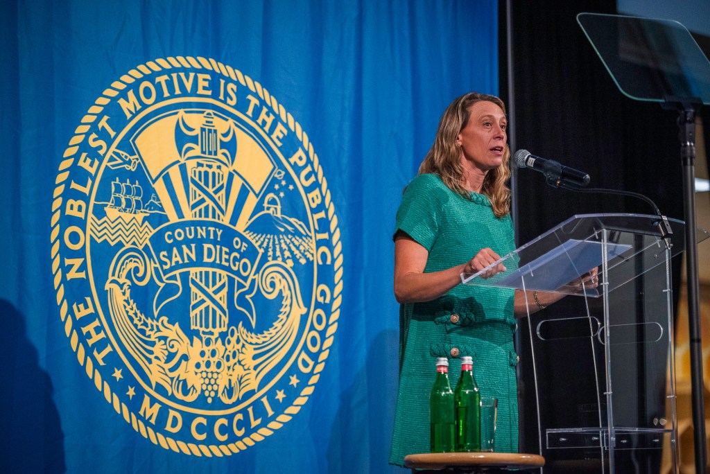 San Diego County Supervisor Terra Lawson-Remer delivers the State of the County speech at the National History Museum, in Balboa Park on April 16, 2025. / Photo by Vito di Stefano for Voice of San Diego