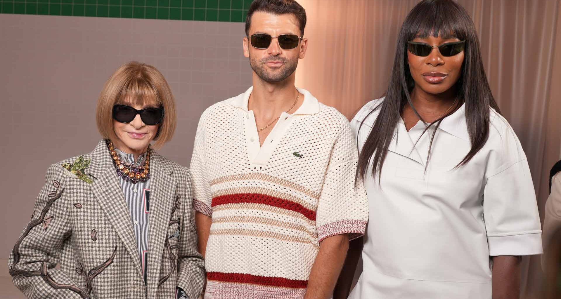 Anna Wintour, Grigor Dimitrov and Venus Williams at the Lacoste Spring-Summer 26 Runway Show during Paris Fashion Week.
