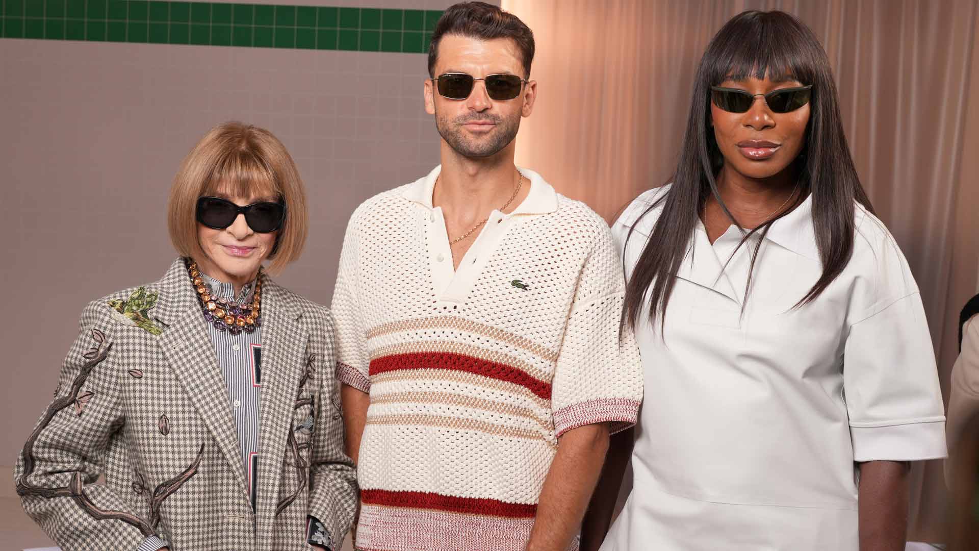 Anna Wintour, Grigor Dimitrov and Venus Williams at the Lacoste Spring-Summer 26 Runway Show during Paris Fashion Week.