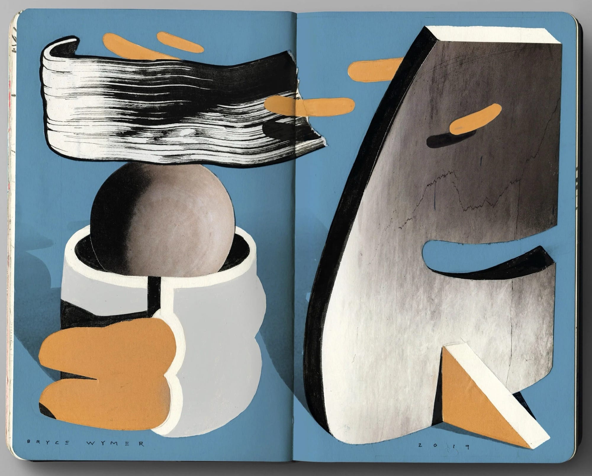 a sketchbook spread by Bryce Wymer featuring abstract, surrealist shapes