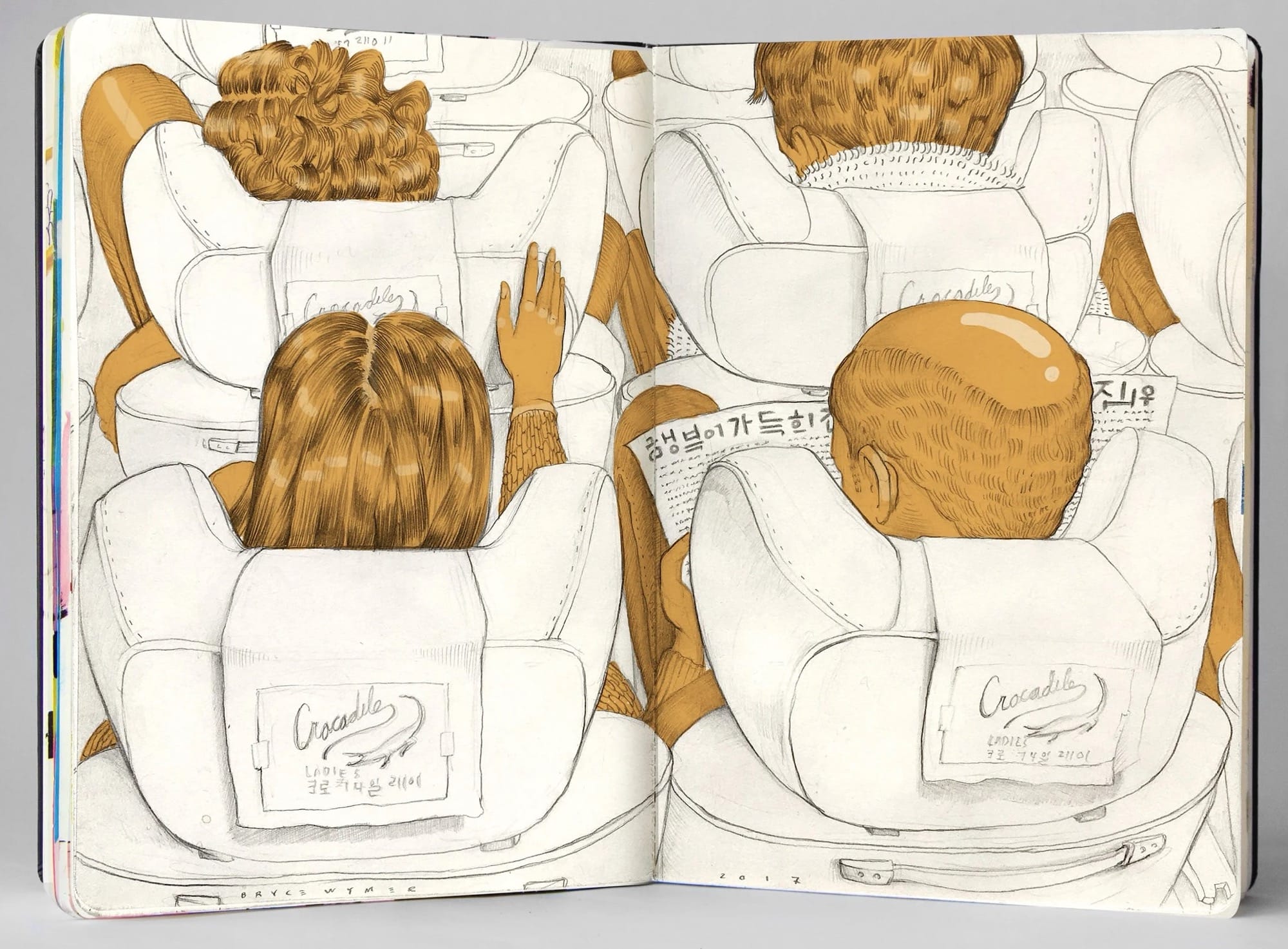a sketchbook spread by Bryce Wymer of airplane seats with people in them