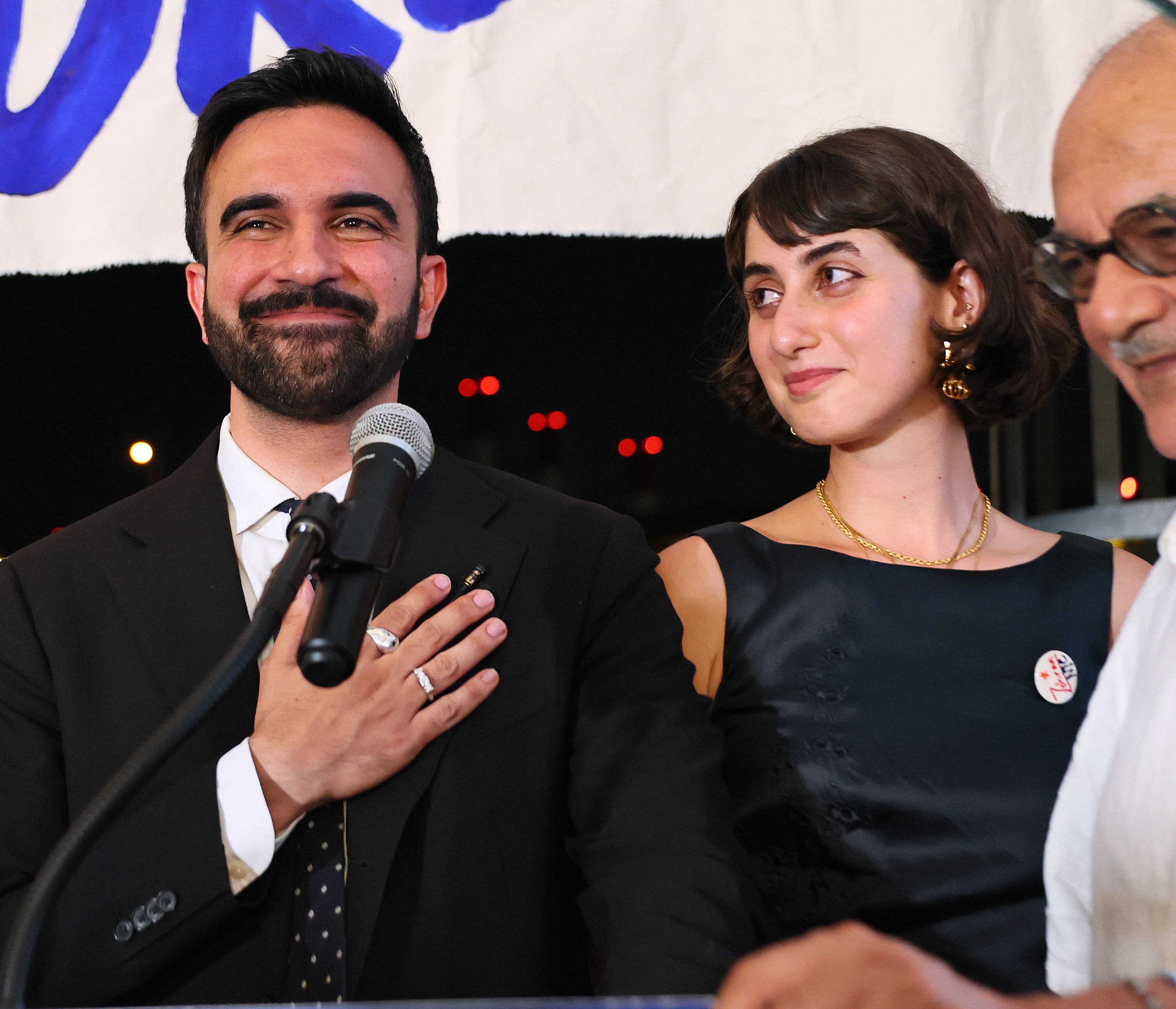 Mamdani with his wife, Rama Duwaji, after he was announced as the Democratic nominee in June