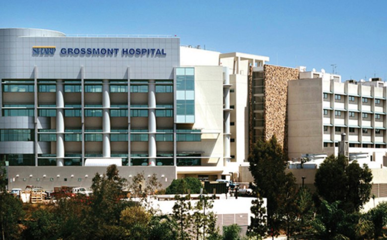 The multi-story facade of a San Diego County hospital, Sharp in La Mesa.