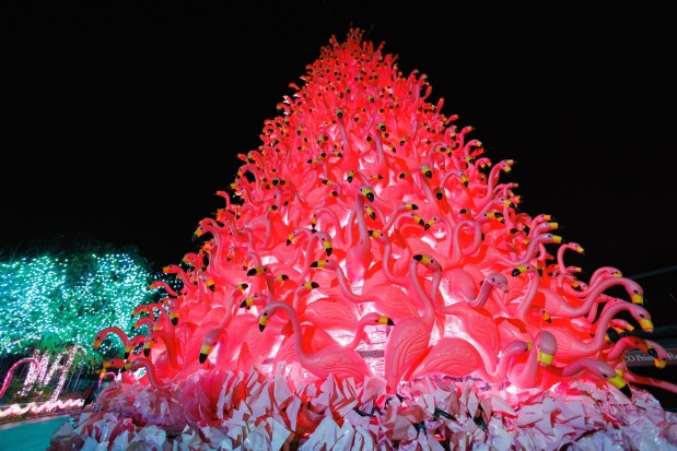 The 25-foot pink flamingo tree is a highlight at the Philadelphia Zoo's Luminature, which runs through Jan 3. (COURTESY OF THE PHILADELPHIA ZOO)