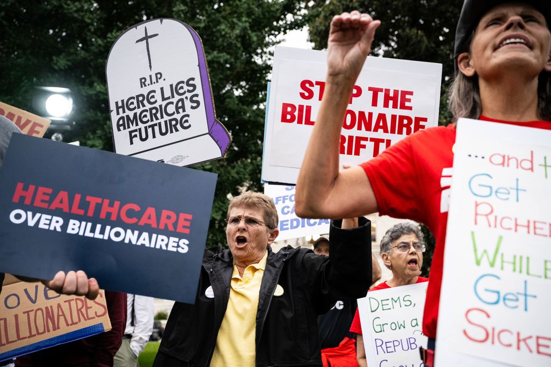 Demonstrators hold a rally for healthcare funding outside the US Capitol on September 30, the eve of the recent government shutdown.