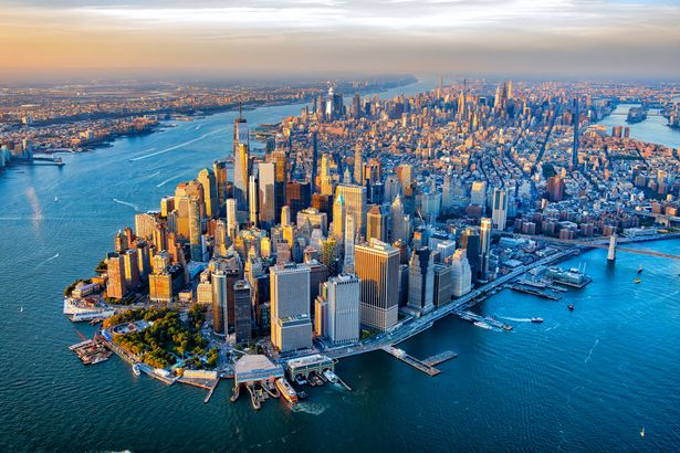 The skyline of Lower Manhattan's Financial District as well as the entire island of Manhattan, New York City