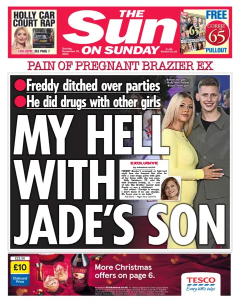 The headline on the front page of the Sun reads: "My hell with Jade's son".