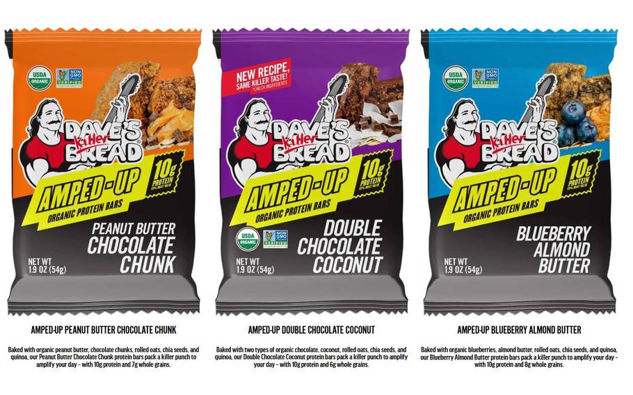 Three bags of protein bars against a white background.