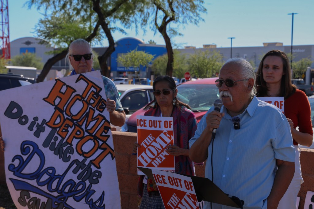 Salvador Reyes speaks at a news conference on Oct. 28, 2025, in response to ICE raids at Home Depot in Phoenix. 
