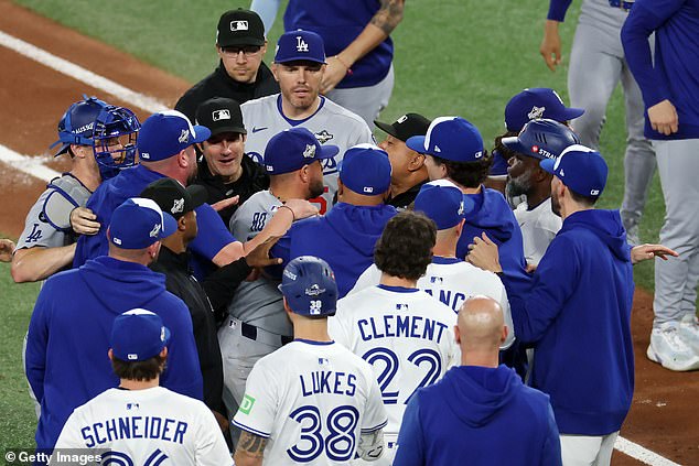 Both benches cleared in Game 7 of the World Series between the Blue Jays and the Dodgers