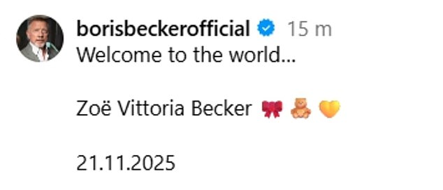 Taking to Instagram on Saturday, the former tennis player, 58, shared a sweet snap of the couple holding their newborn's hand