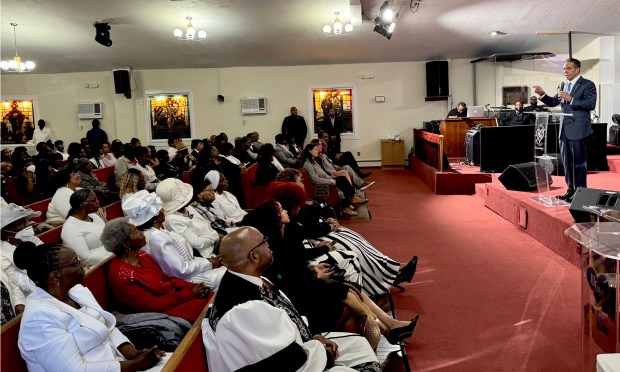 Andrew Cuomo speaks to congregants at Union Grove Baptist Church in the Bronx on Sunday.
