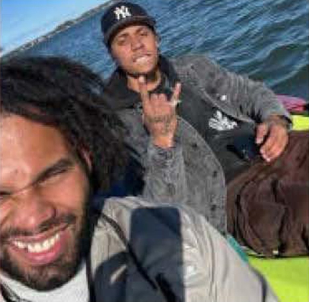 Shane Garcia (left) and Aaron Montemarano (right) kayaking in Shinnecock Bay.