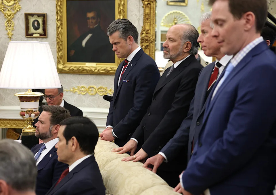 Defense Secretary Pete Hegseth looks on during a bilateral meeting between President Donald Trump and Crown Prince and Prime Minister Mohammed bin Salman of Saudi Arabia in the Oval Office of the White House on November 18, 2025. / Win McNamee/Getty Images