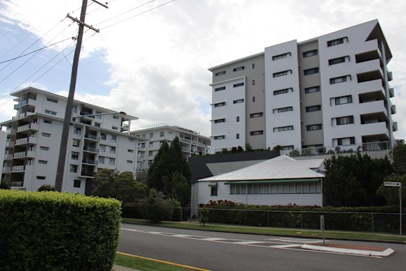 Some large apartment buildings have already sprung up in Wynnum, including these two on Bride Street. Under the plan, towers up to 15 storeys would be allowed on the street.
