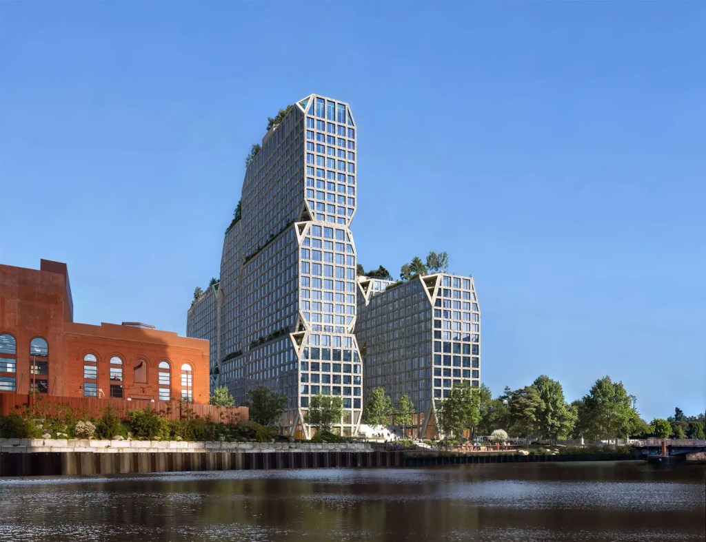 Illustration of the 175 Third St. building in Gowanus, Brooklyn, with a river in the foreground.