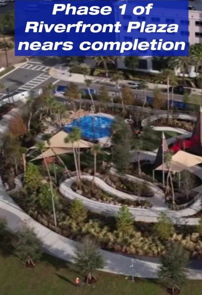 An aerial look at Riverfront Plaza as Phase 1 nears completion