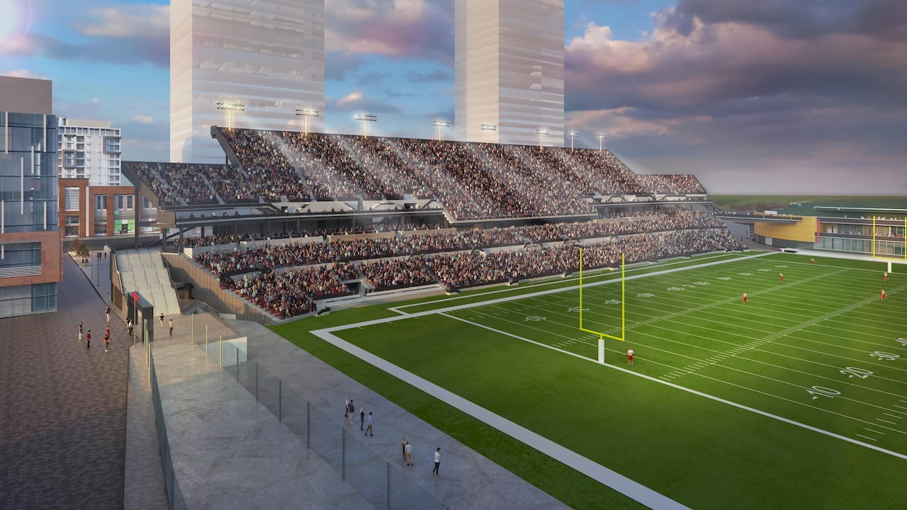 This concept art gives an idea of the new towers envisioned for the area behind the site's northside stands.